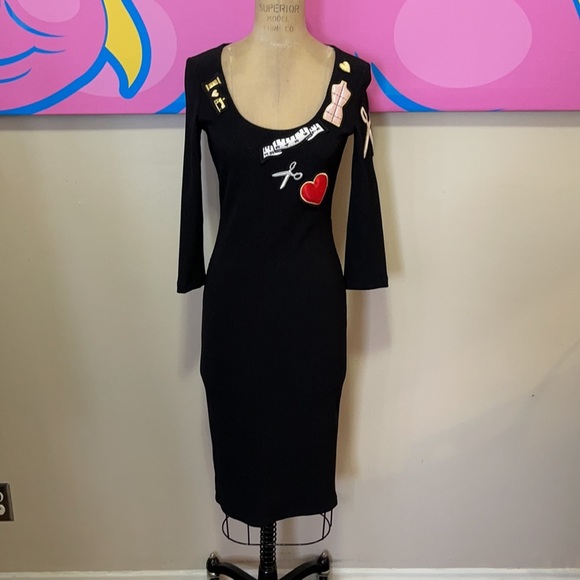Moschino Sewing Black Sheath Dress Scissors Heart - Picture 2 of 12